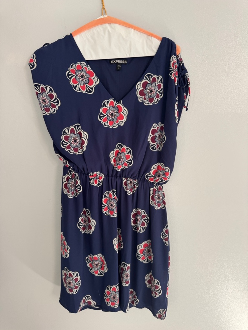 Express Navy Floral V-Neck Gathered Waist Dress